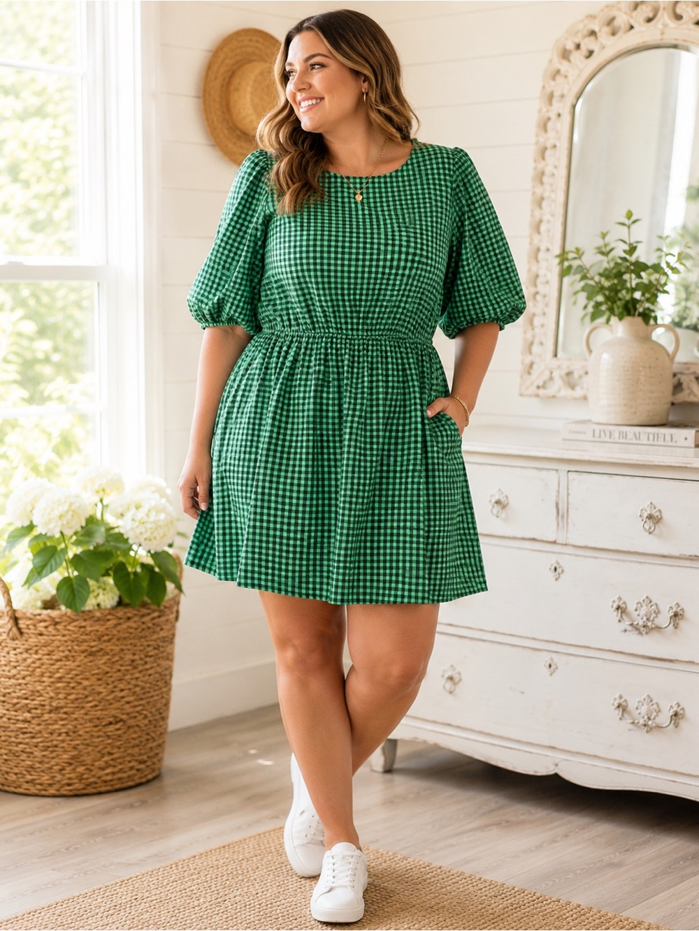 Madewell Gingham Bubble Sleeve Mini Dress 16 Polished Jade Green NWT Cottagecore